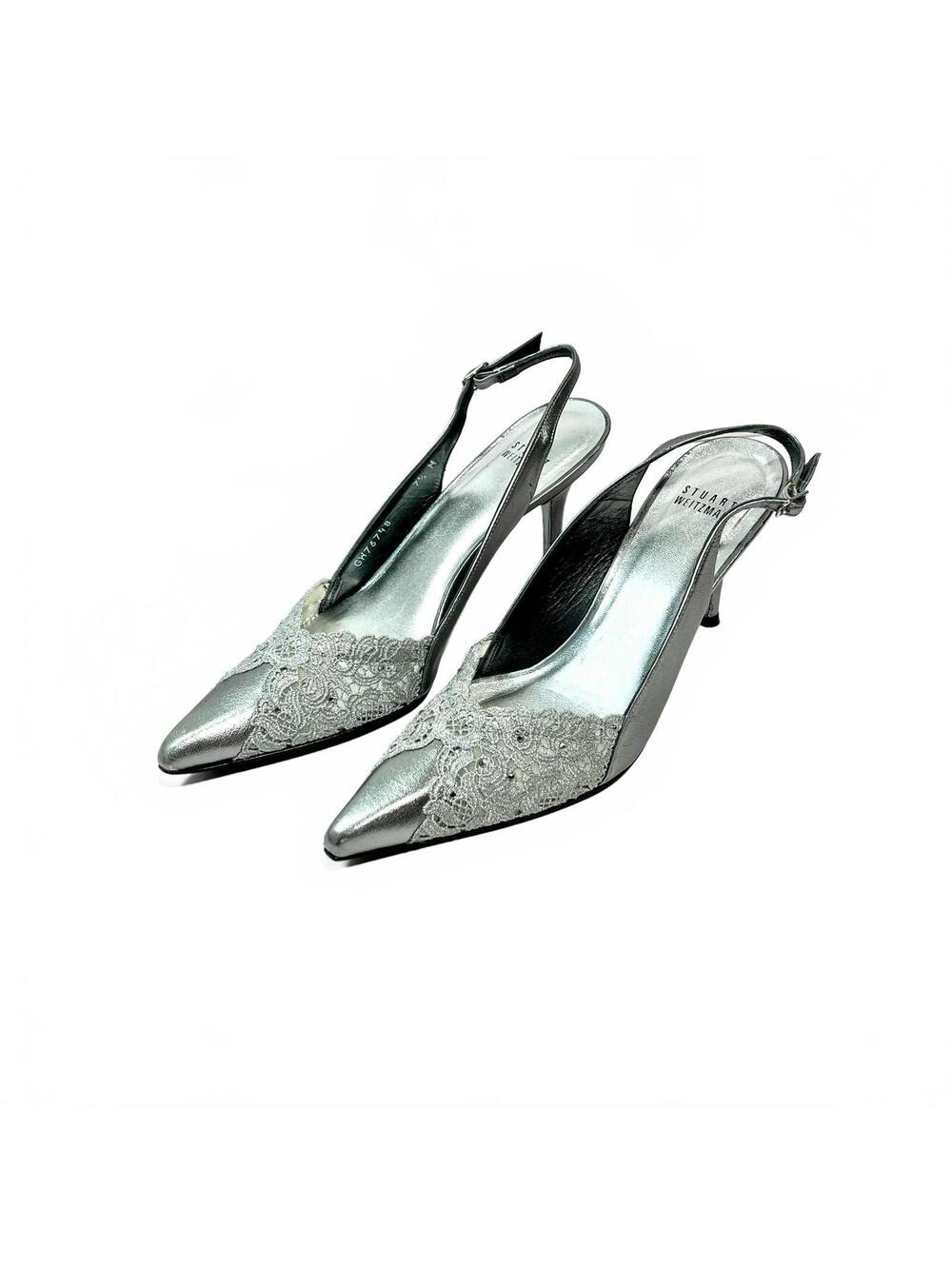 Stuart Weitzman Lavida Silver Chantilly Lace Slingback Pumps Size M 7.5